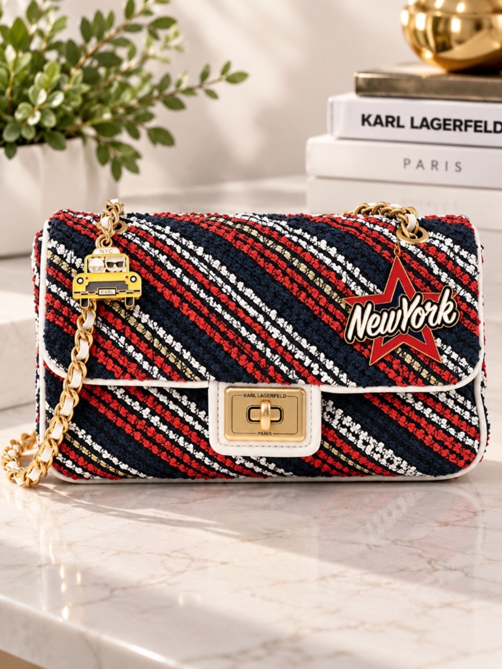 NWT Karl Lagerfeld Agyness Boucle Tweed Chain Shoulder Bag NYC Charm Red Navy